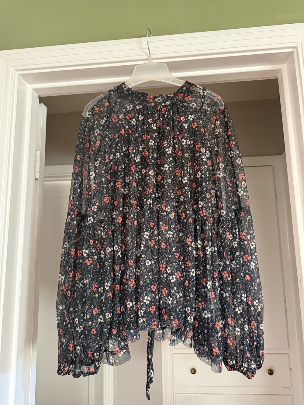 Free People Black Sheer Floral Peasant Blouse with Coral and White Blooms
